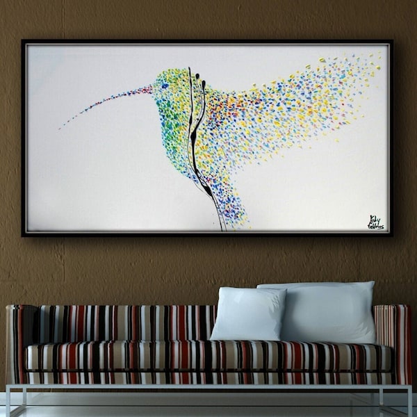 Painting Hummingbird 55" Original oil painting on canvas, Clean Modern looks, Beautiful refreshing colors, Express shipping, Koby Feldmos