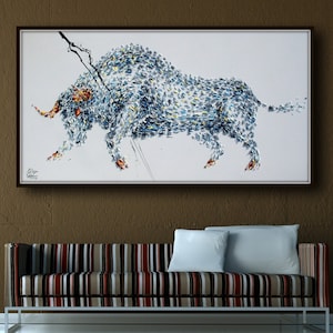 Charging 67" Bull Animal original oil painting on canvas By Koby Feldmos