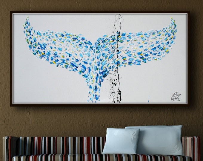 Whale tail 55" Luxurious blue hues Animal oil painting on canvas , Thick oil paint, Relaxing composition, handmade,  By Koby Feldmos