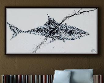 HUGE Shark 67" painting large painting, beautiful thick layers,, oil painting on canvas, marin animal, modern art by Koby Feldmos