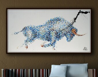 Painting Animal BULL 67" oil painting on canvas, office painting, thick oil layers, Luxury looks, Express shipping, By Koby Feldmos