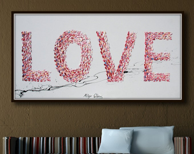 Painting 55"  Love painting, romantic gift, valentine wedding gift, Love Word, blue relaxing colors, Amazing above bed, By Koby Feldmos