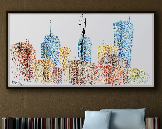 Buildings Painting 67" Skyline cityscape original oil painting on canvas, thick layers, Luxury looks, Large canvas, By Koby Feldmos