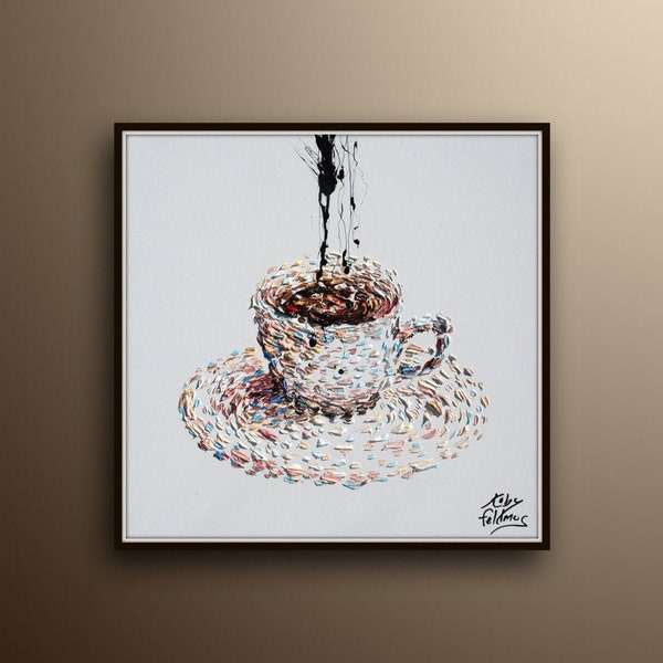 Kaffeetasse 65 cm wunderschöne Malerei für Zuhause, schöne entspannende Farben, schwarze Spritzer wie Dampf, Koby Feldmos