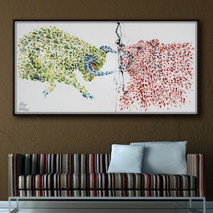 Painting 50&quot; Wall street Stock Exchange Bull vs. Bear , original oil painting on canvas, Animals, By Koby Feldmos