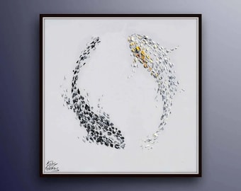 Koi Fischmalerei 25", schwarz weiße Farben, wunderschöne entspannende Komposition, Öl auf Leinwand, Tiere, modern, von Koby Feldmos