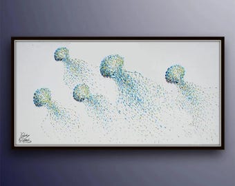 Calming Jellyfish 50", Large Painting, beautiful composition, relaxing looks, original art by Koby Feldmos