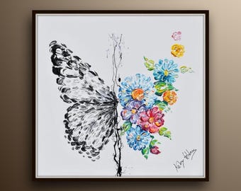 ¡¡¡Una mariposa primaveral de 89 cm de belleza escandalosa!!! Pintura al óleo original sobre lienzo, con flores coloridas, de Koby Feldmos.
