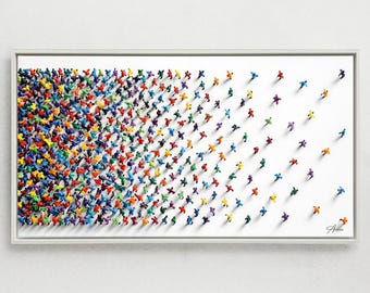 オリジナル油絵 – 質感のあるミニチュア人物、鮮やかな色彩、抽象画