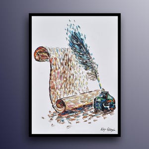 Jury Scroll and Quill 30" oil painting of a feather quill, colorful strokes, symbolizing writing, law, and legacy.