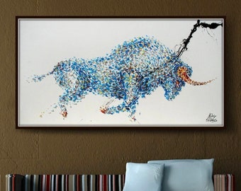 Painting Animal BULL 67" oil painting on canvas, office painting, thick oil layers, Luxury looks, Express shipping, By Koby Feldmos