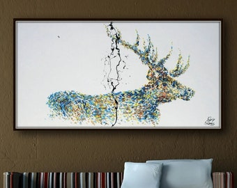 Power of the Stag 67" prachtige getextureerde hert, nobel, groot canvas, rijke kleuren, moderne kunst canvas schilderij van Koby Feldmos