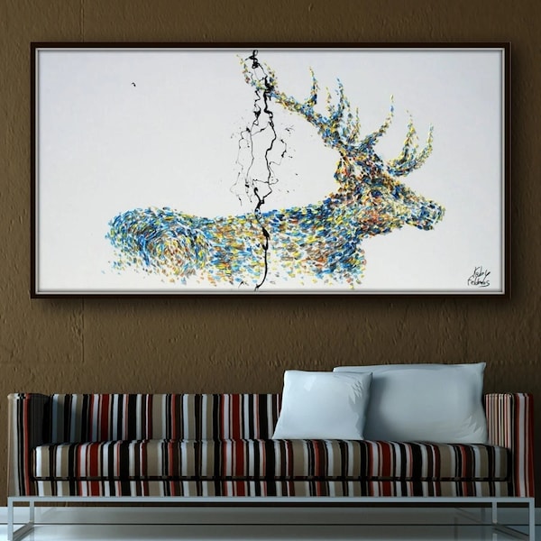 Power of the Stag 67" beautiful Textured Stag, noble, large canvas, rich colors, modern art canvas painting by Koby Feldmos