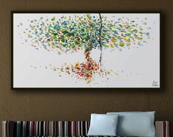 Tree painting 55" - Beautiful Colors, relaxing vibe, heavy texture, original art, modern style, Handmade by Koby Feldmos