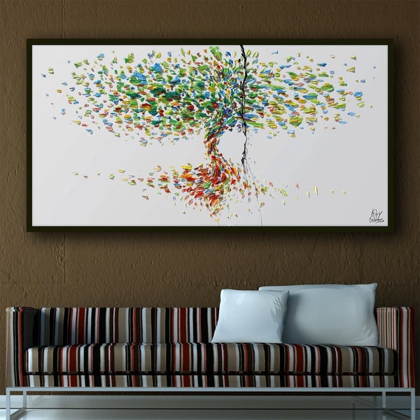 Tree painting 55" - Beautiful Colors, relaxing vibe, heavy texture, original art, modern style, Handmade by Koby Feldmos