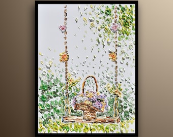 Bellissimi fiori su un'altalena Dipinto a olio originale su tela, strati spessi, vibrazioni estremamente rilassanti, di Koby Feldmos