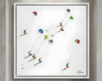 Original Oil Painting, 30" x 30": Wind Riders Kitesurfers, Textured Canvas Wall Art
