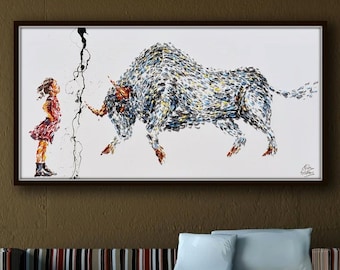 Büro Gemälde 67" Fearless Girl, Ölbild auf Leinwand, Bull vs. Girl, Börse, Business Art, Kunst fürs Büro, Koby Feldmos