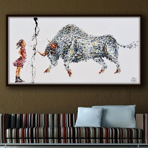 Office painting 67 Fearless Girl, oil painting on canvas, Bull vs. Girl, Stock exchange market, business art, art for office, Koby Feldmos image 1