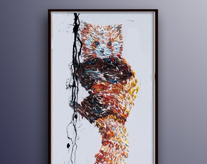 Red Panda Painting 45" x 15"  Panda Bear oil painting, Original painting on white canvas, calming colors , thick paint, By Koby Feldmos