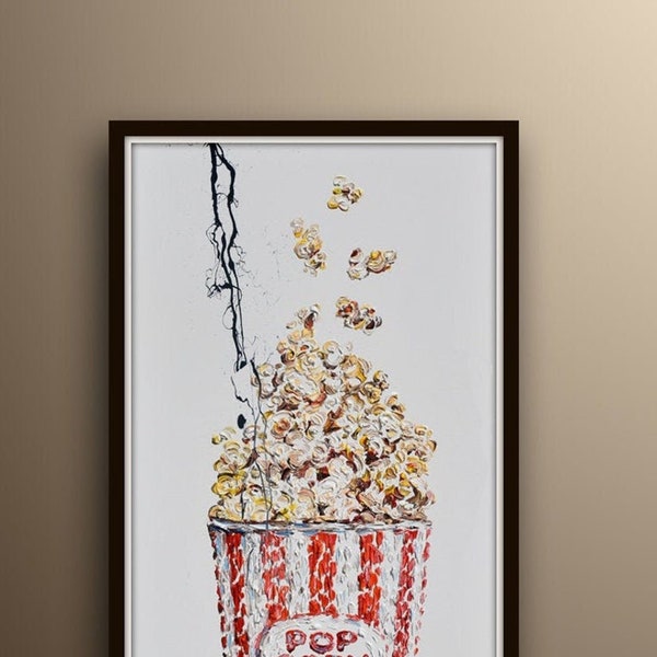 Popcorn POP ART 55" movie room Cinema Pop art style contemporary oil painting, food, Pop corn, gift idea handmade by Koby Feldmos