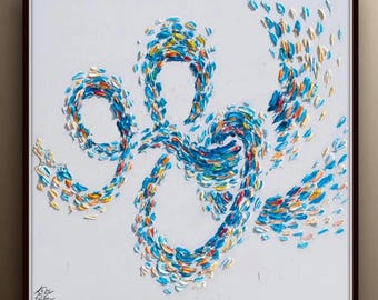 Cuadro abstracto original de 35 pulgadas al óleo sobre lienzo, tonos fríos y relajantes, arte moderno, textura, color azul, hecho a mano por Koby Feldmos