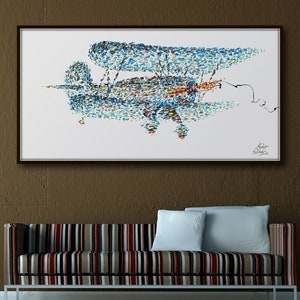 Painting Airplane 55" retro painting vintage style thick painting original oil painting on canvas, plane painting, By Koby Feldmos