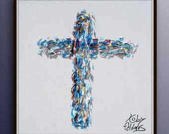 Cross oil painting on canvas, 25" biblical art, jesus cross, by Koby Feldmos
