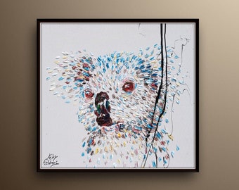 Koala oil painting 35", Original handmade painting on white canvas, calming pastel colors , thick paint, By Koby Feldmos