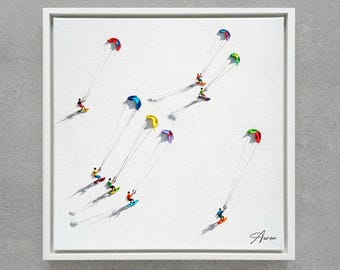 Original Ölgemälde, 30" x 30" : Windsurfer, Kitesurfer, Leinwand Kunst."