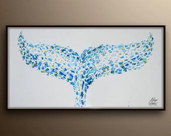 Whale Tail 60" Large Painting, Luxurious blue hues Animal oil painting on canvas , Thick oil paint, handmade,  By Koby Feldmos