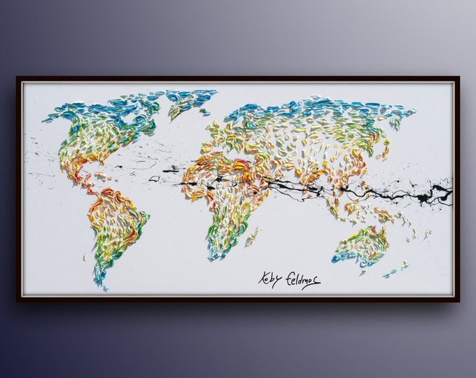 World map 55" Amazing looks and texture, continental painting, beautiful colors, thick layers, luxury looks by Koby Feldmos