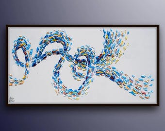 Painting Abstract 50" Large Original oil painting on canvas, calming cool tones, modern art, texture, blue color, Handmade by Koby Feldmos