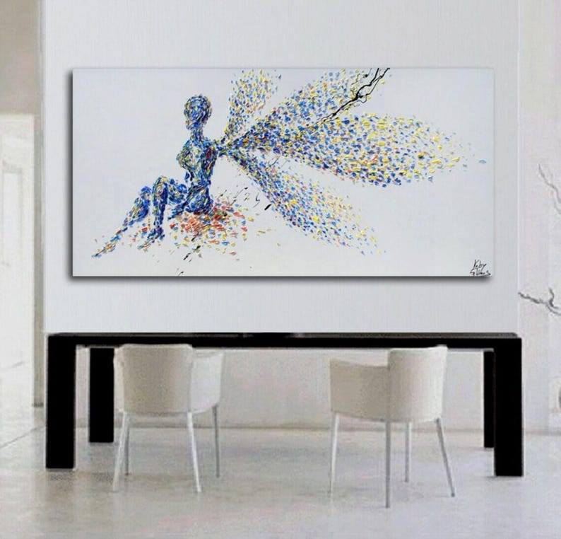 Painting Fairy wishing 50" Original oil painting on canvas, thick layers, beautiful relaxing oil colors, Handmade art by Koby Feldmos image 4
