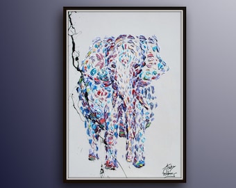 Cambodjaanse olifant 40" olieverfschilderij Mooie zeer unieke kleuren, Veel textuur, schattig voor elke kamer, kalmerend schilderij, door Koby Feldmos