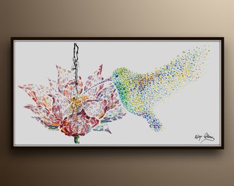 Abstract Hummingbird 55" Beautiful textured bird hovering above a flower , original oil painting by Koby Feldmos