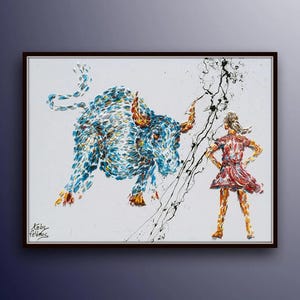 Girl vs. Bull  40&quot; Wall street famous statue stock market wall street business painting original oil painting by Koby Feldmos