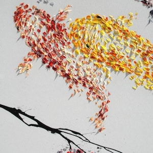 May include: An abstract painting of two koi fish, rendered with textured brushstrokes. The fish are depicted in shades of red, orange, and yellow against a white background. A black branch with red and gray accents is in the foreground.