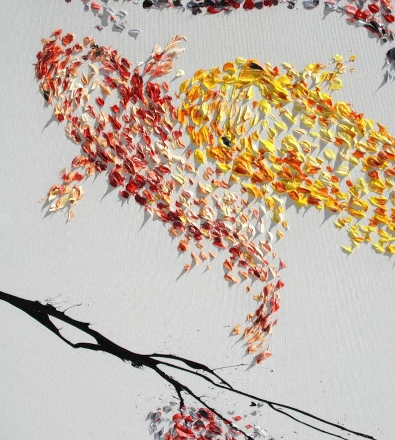 May include: An abstract painting of two koi fish, rendered with textured brushstrokes. The fish are depicted in shades of red, orange, and yellow against a white background. A black branch with red and gray accents is in the foreground.