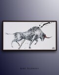 BULL 67" Black white Painting original handmade Bull painting, modern style, beautiful texture,  oil on canvas by Koby Feldmos product logo