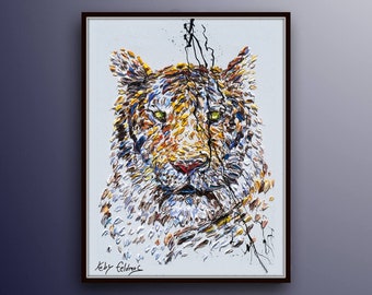 Peinture 40" Animal Tiger Original peinture à l'huile sur toile, peinture à la main, prête à accrocher, peinture à l'huile épaisse, par Koby Feldmos