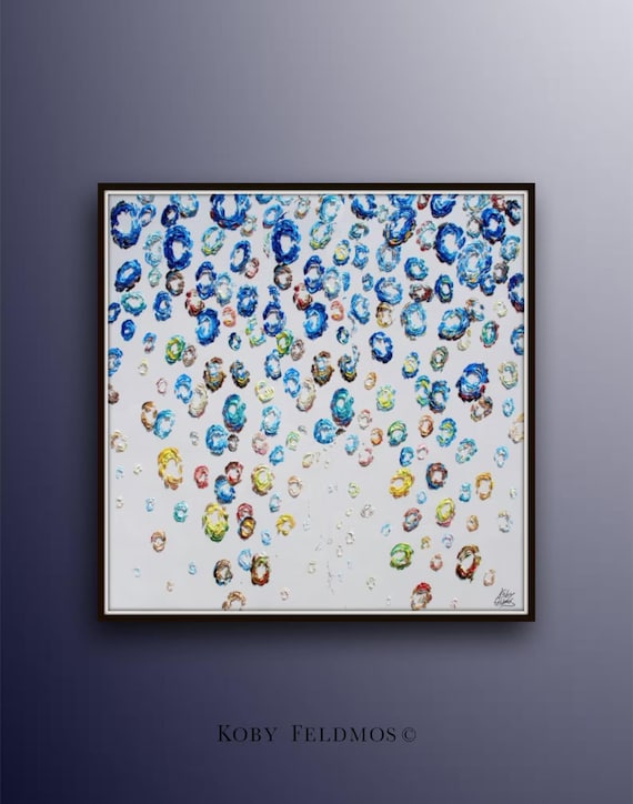 Abstract oil Painting 35" Abstract Curtain of Blue balls  Amazing texture, oil painting on canvas, Handmade and art, Koby Feldmos