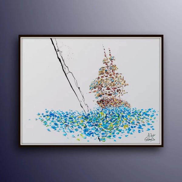 Painting boat 40" in the sea sea Original oil painting on canvas, Handmade painting, Express shipping worldwide, By Koby Feldmos