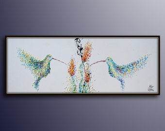 HummingBirds schilderij 67" origineel olieverfschilderij, dier schilderen, kolibrie schilderen, moderne stijl, Express Shipping, door Koby Feldmos