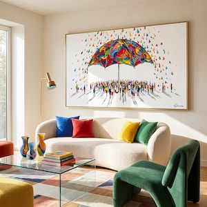 May include: A large rectangular wall art piece featuring a vibrant, multi-colored umbrella sheltering a crowd of people from falling colorful raindrops. The painting is rendered in a thick, textured impasto style with a white background and a gold frame.
