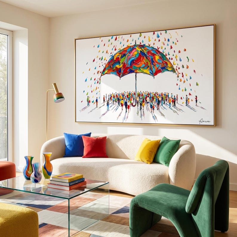 May include: A large rectangular wall art piece featuring a vibrant, multi-colored umbrella sheltering a crowd of people from falling colorful raindrops. The painting is rendered in a thick, textured impasto style with a white background and a gold frame.