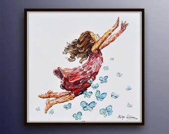 Freedom Girl - Pintura original súper única de 25" de una niña volando con mariposas, pintura al óleo sobre lienzo de Koby Feldmos