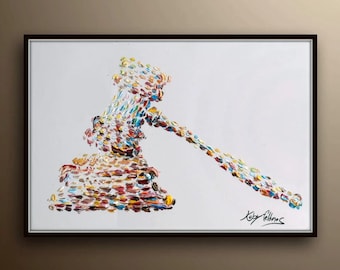 Office painting 40" Gavel Judge hammer, beautiful oil painting for lawyers office, lawyer gift, law, original hand made by Koby Feldmos