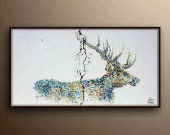 Poder del Ciervo 60" hermoso ciervo texturizado, noble, lienzo grande, colores intensos, pintura de arte moderno en lienzo de Koby Feldmos