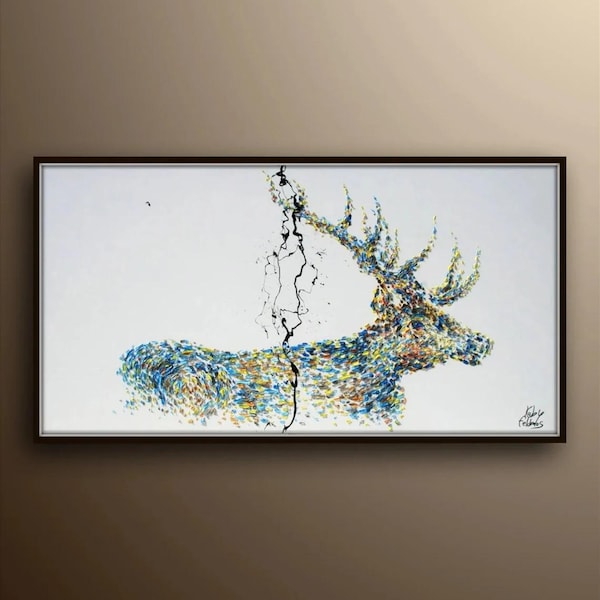 Power of the Stag 60" beautiful Textured Stag, noble, large canvas, rich colors, modern art canvas painting by Koby Feldmos